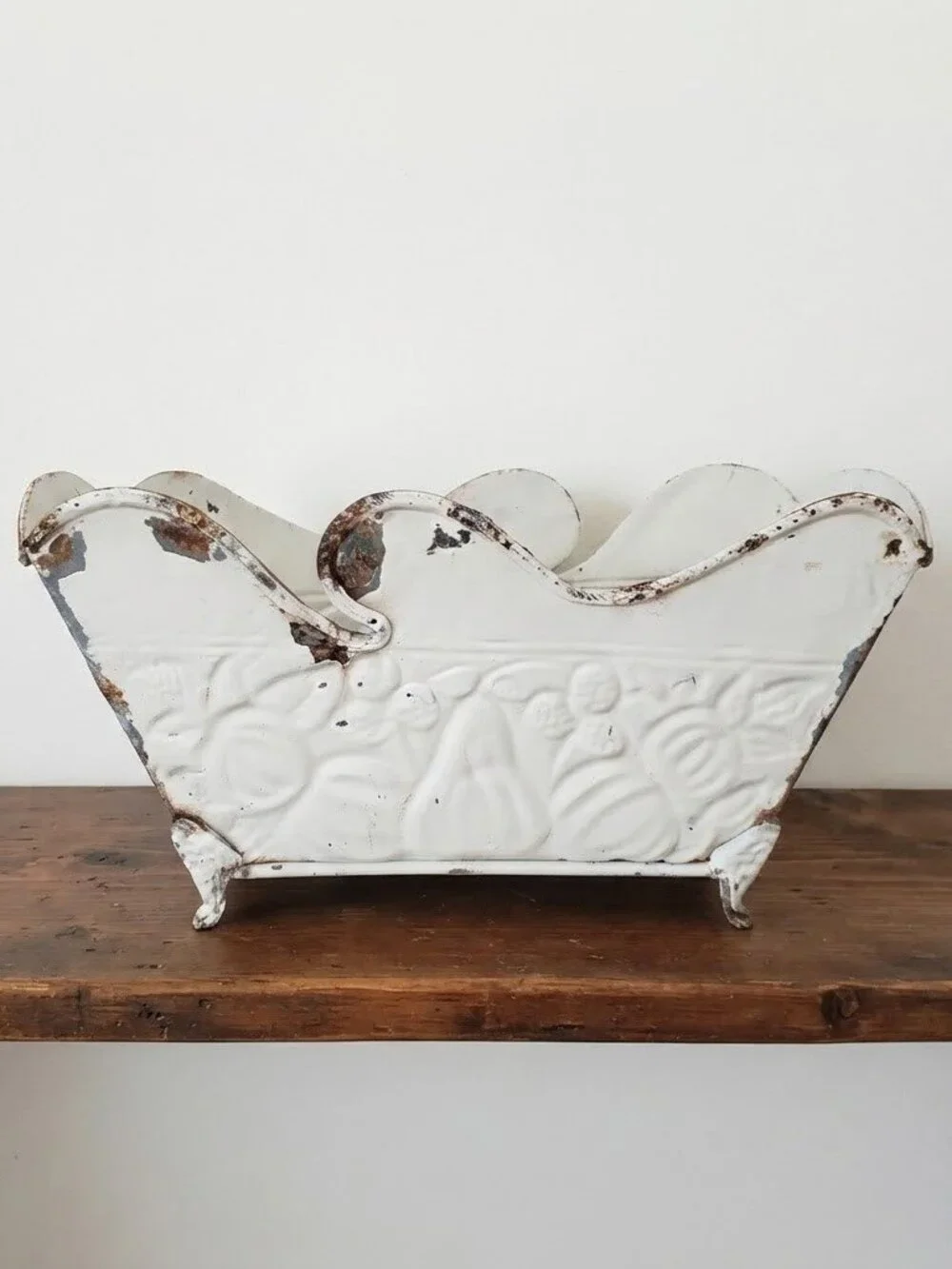 Vintage Metal Planter White Distressed Farmhouse Fruit Embossed Footed Cottage